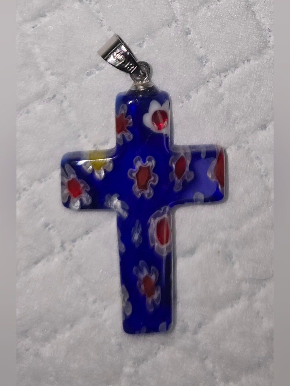 Cobalt Millefiori Glass Cross Pendant Necklace